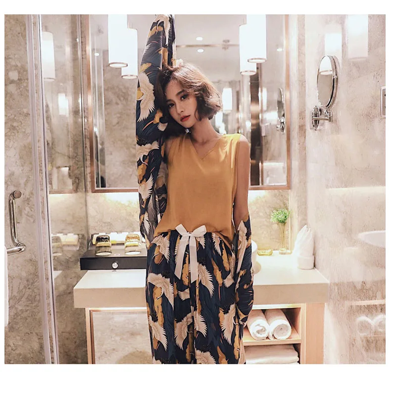 Пижамы женские весенние и осенние новые хлопковые шелковые пижамы из четырех