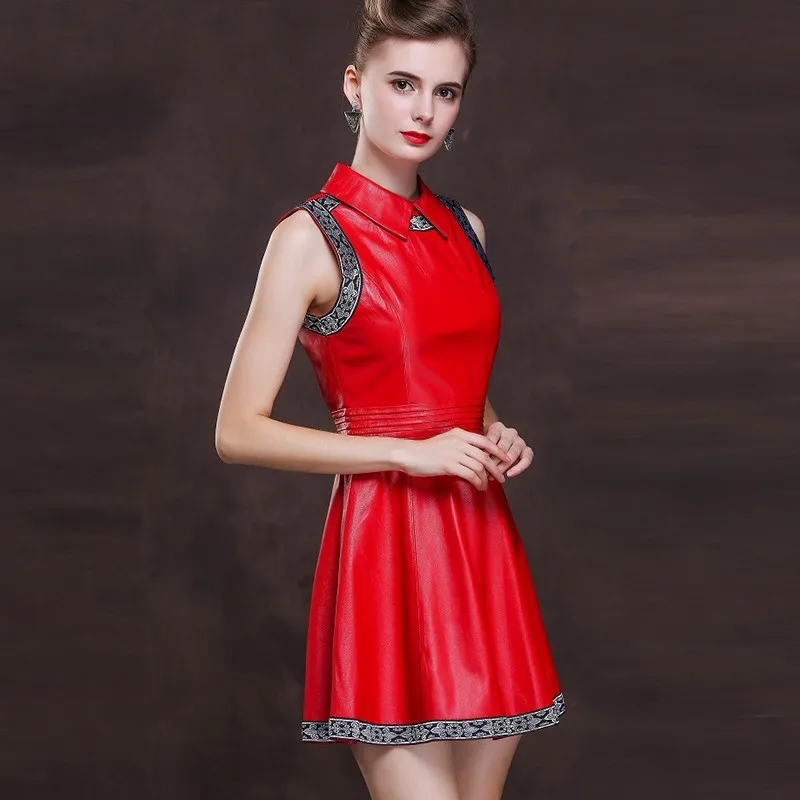 

Top Quality 100% Real Sheepskin Genuine Leather Women Sleeveless Tank Dress Sexy Slim Fit Wedding Party Dresses