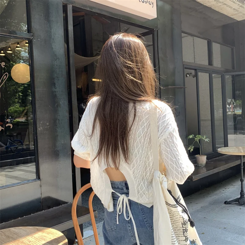 

Вязаный свитер женский, корейский стиль, однотонный, винтажный, с коротким рукавом, на шнуровке сзади, лето 2021