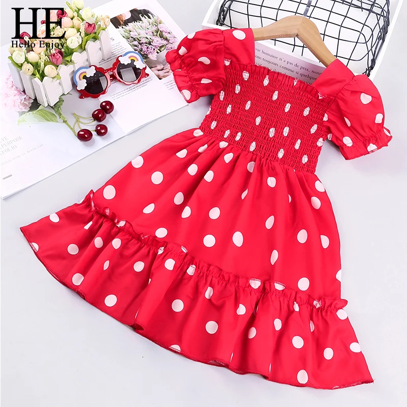 

HE Hello Enjoy/2022 г. Летняя одежда для малышей Модное детское платье в горошек с короткими рукавами для девочек стильное эластичное платье для дет...