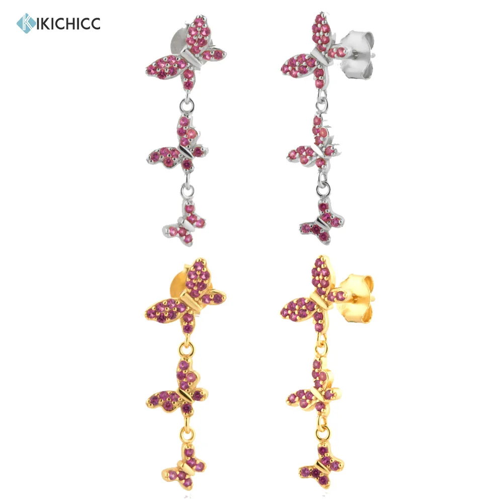 

Серьги-капельки KIKICHICC из серебра 925 пробы, три бабочки, розово-красный циркон, клипсы для пирсинга, петли, клипсы в стиле рок-панк с фианитами