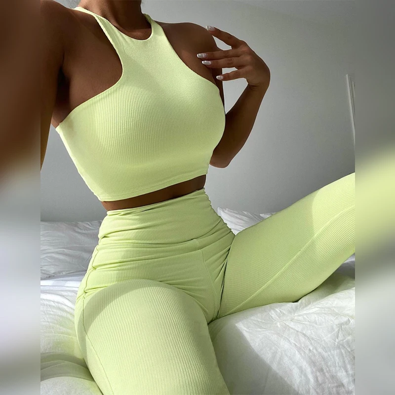 

Ribbed Women 2 Pieces Crop Top Tanks And Legging Set Bodycon Sporty Streetwear Tracksuit Work Out Elegant 2021 Summer