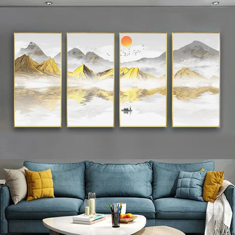 4 панели большого размера золотой солнце восход солнца абстрактный пейзаж постер