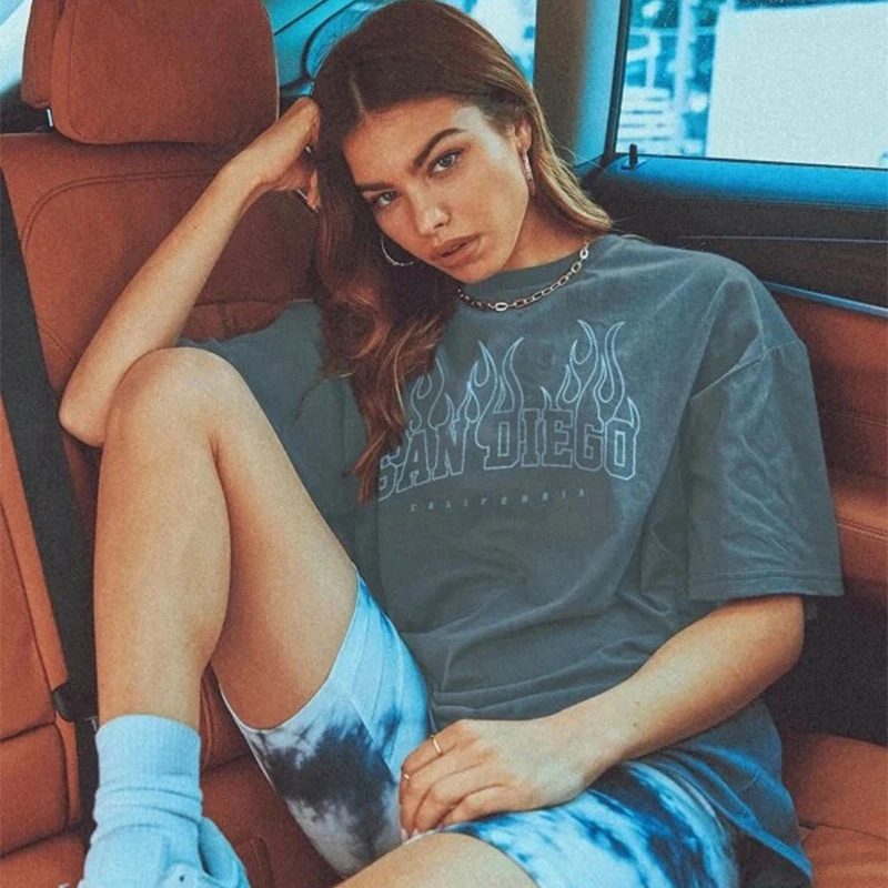 Модная винтажная уличная женская футболка с надписью пламя футболки принтом