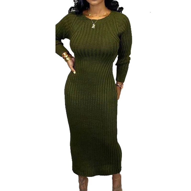 Однотонное сексуальное трикотажное платье миди с открытой спиной круглым