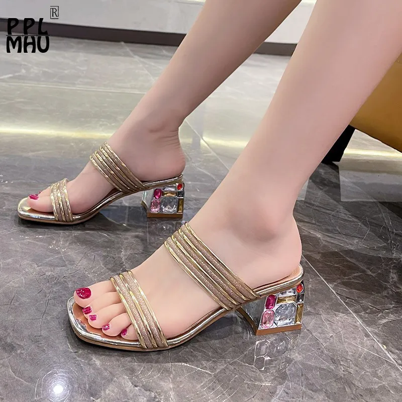 

Fashion Non-Slip Slides Rhinestone Party Sandals Summer New Platform High Heels Gold Shiny Shallow Open-Toes Women Shoes