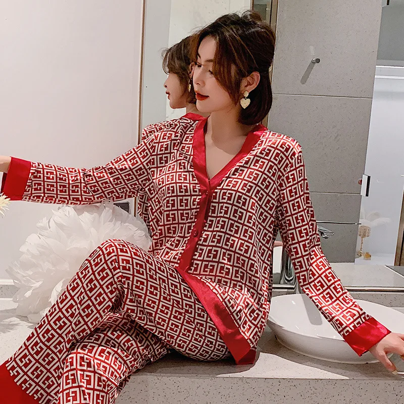 

Printed Pajamas Women Spring Pyjamas Summer Satin Sleepwear Long Sleeve 2PCS Shirt&Pants Suit Loose Home Wear With Buttons
