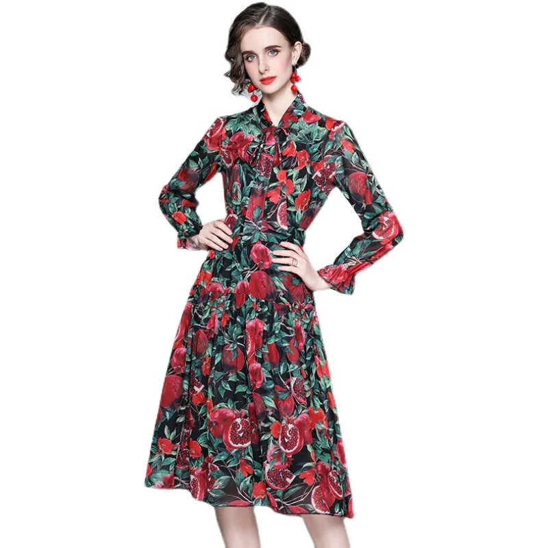 

Dress Women Midi Elegant Office Lady A-LINE ONeck Summer2021 Young Print SHORT Empire Clothing Pullover Vintage Causal Plus Size