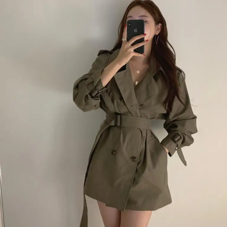 

Korea Autumn Women's Trench Coat with Belt Full Sleeve Double Breasted Turn Down Collar Minimalist Pocket Pure Windbreaker