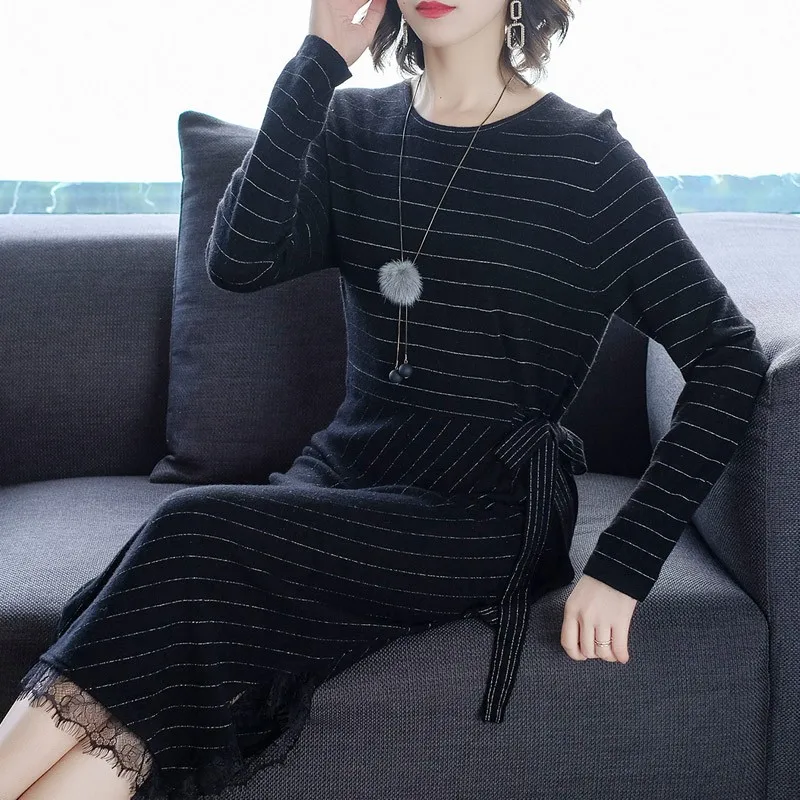 Новинка 2019 корейское осенне-зимнее платье-свитер элегантное женское платье с