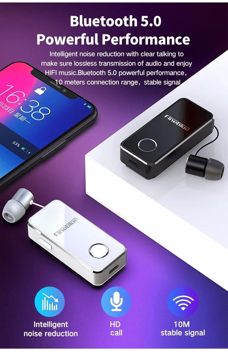 FineBlue F2 беспроводные Bluetooth V5.0 наушники с вибрирующим оповещением и зажимом для смартфона, музыкальная гарнитура