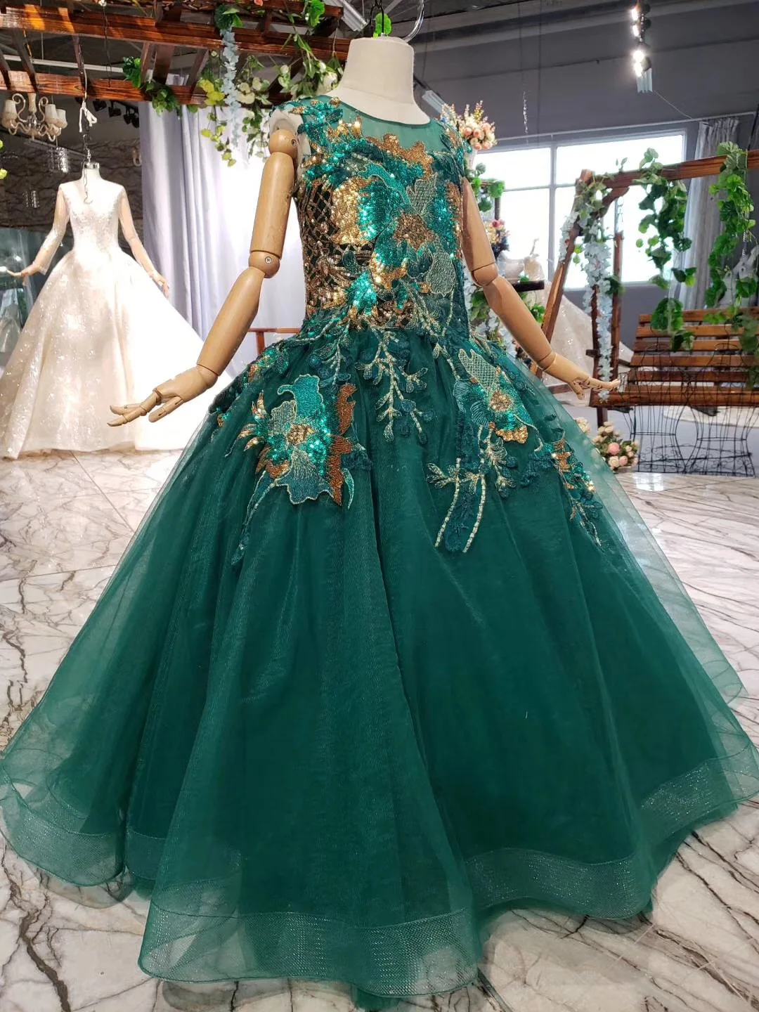 Бальные платья принцессы с пачкой Детские пышные Блестящие Зеленые кружевные