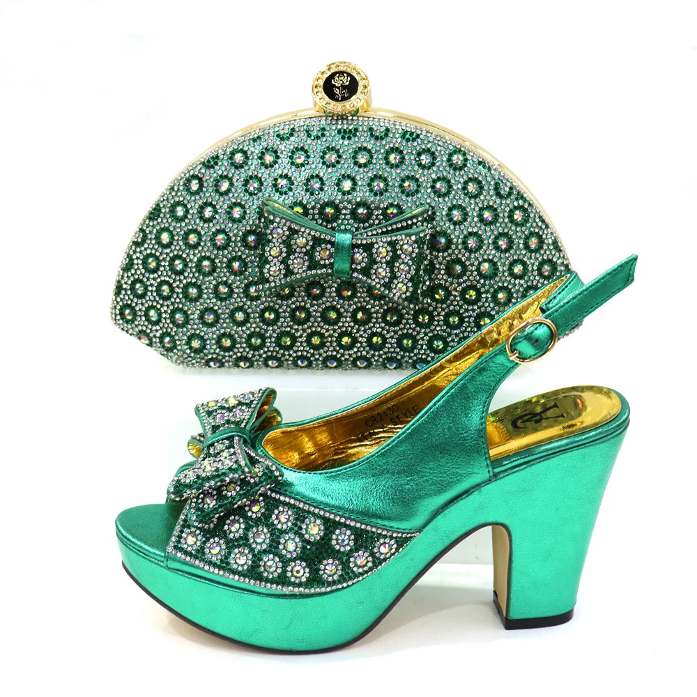 

Latest African Matching Shoes and Bag in Green Color High Quality Italian with Shinning Crystal African Lady Shoes and Bag
