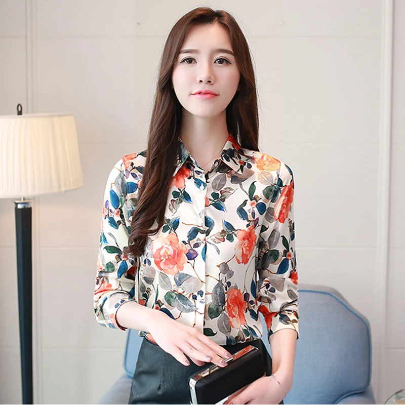 

Casual Silk Blouse Women Long Sleeve Lady Printing Turn-down Collar Tops Female Plus Size Loose Floral Elegant Chiffon Shirt
