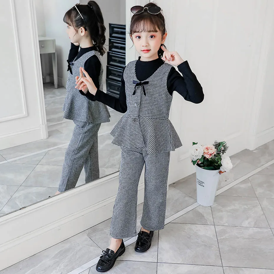 Детская одежда в клетку для девочек жилет + футболка штаны наряд весна-осень