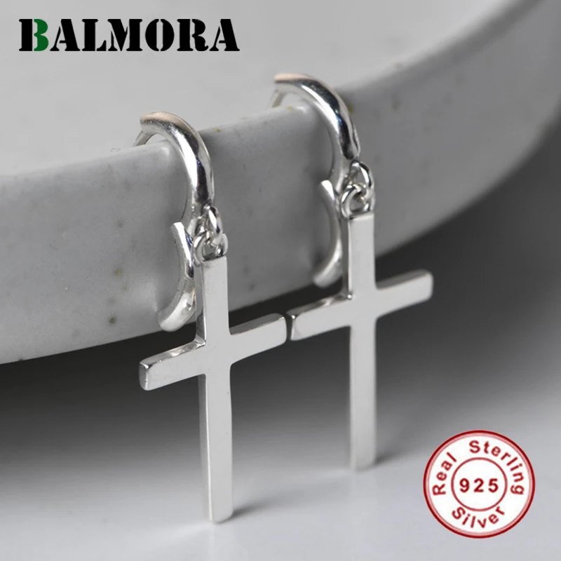 

BALMORA Pure 100% 925 Sterling Silver Cross Earrings For Women Girl Smooth Silver Dangler Eardrop Daily Vintage Jewelry Gift