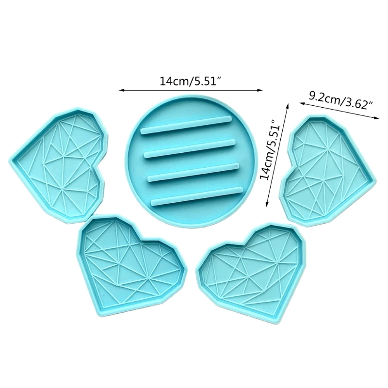 

5 Pcs/Set Heart-shaped Geometric Pattern Coaster+Holder Epoxy Resin Mold Cup Mat+Storage Base Silicone Mould DIY Crafts