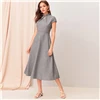 SHEIN, серое, с вырезом, с закручивающимся спереди, с коротким рукавом, расклешенное длинное платье для женщин, летнее, с воротником-стойкой, на молнии, сзади, элегантное платье трапециевидной формы