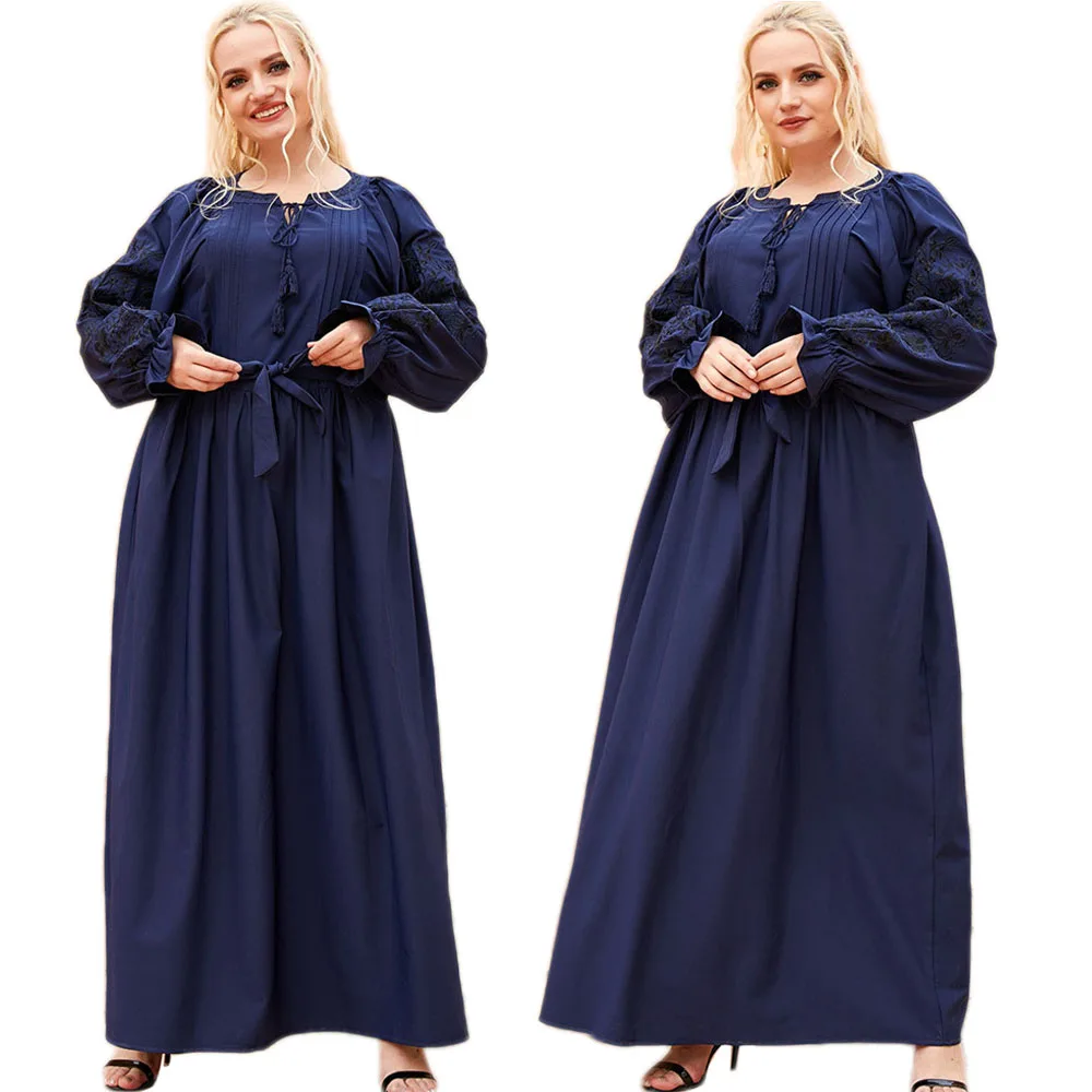 

Women Embroidery Long Dress O-neck Long Sleeve Abaya Spring Kaftan Arab Maxi Robe Muslim Islamic Eid Ramadan Clothing Plus Size