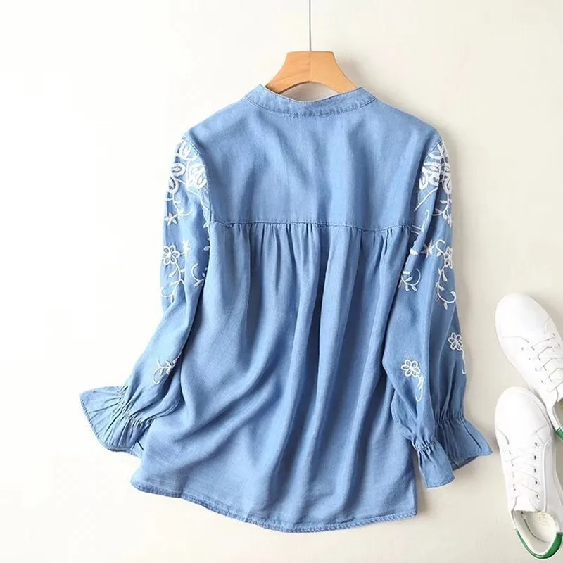 Летняя джинсовая рубашка со стоячим воротником и цветочной вышивкой для женщин