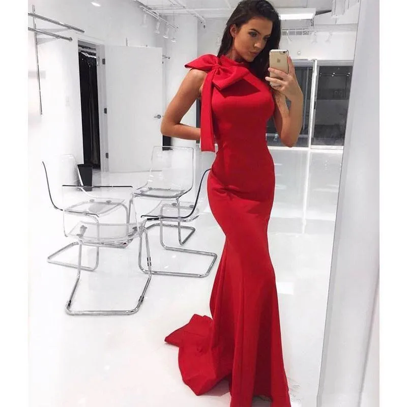 

2020 Simple Mermaid Red Prom Dresses Bowknot Satin Party Gowns Elegant cheap Evening Dresses Women Formal Evening Gowns Custom