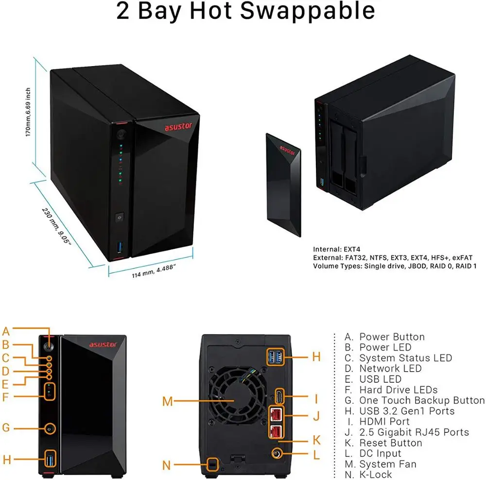Asustor AS5202T Gaming Inspired NAS двухъядерный процессор 2 0 ГГц два порта 4 Гб ОЗУ DDR4 флэш памяти