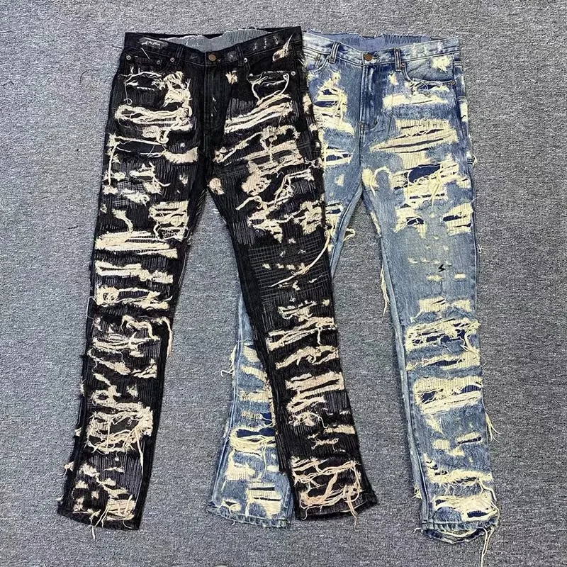 

Fashion Fried Street Jeans Exaggeratedly Taped Slim Straight Pants Embroidered Patch High Work Wash Casual Jeans Man