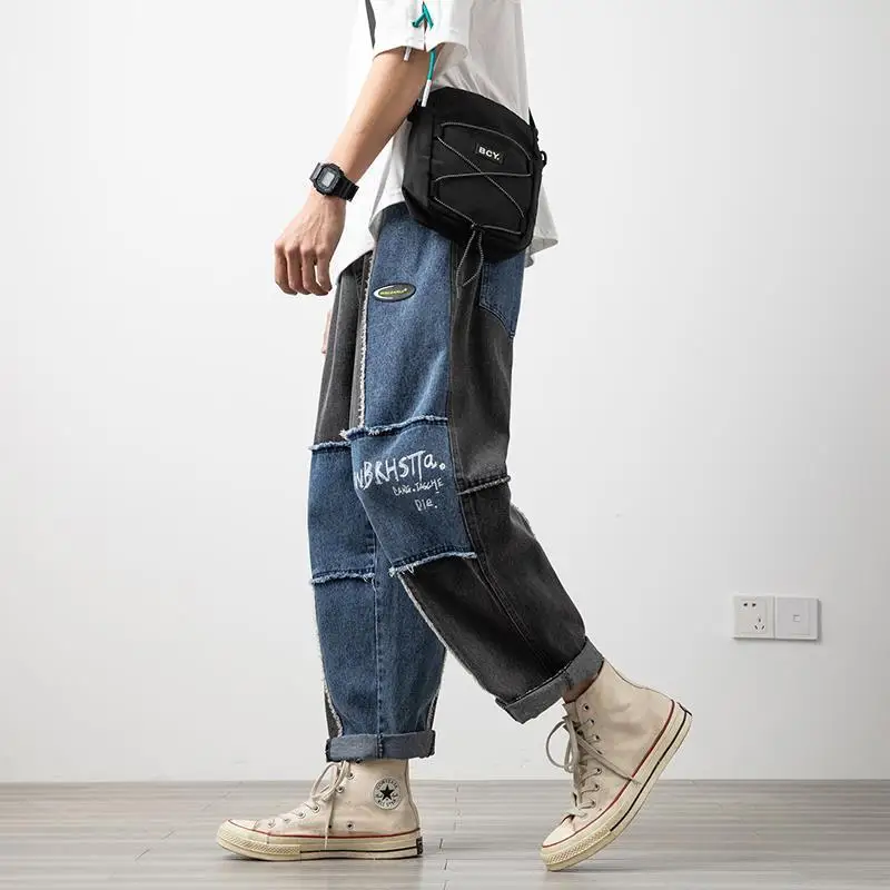 

Men's Loose Straight Leg Jeans Korean fashion summer thin patchwork nine cent pants popular logo casual hip-hop pants