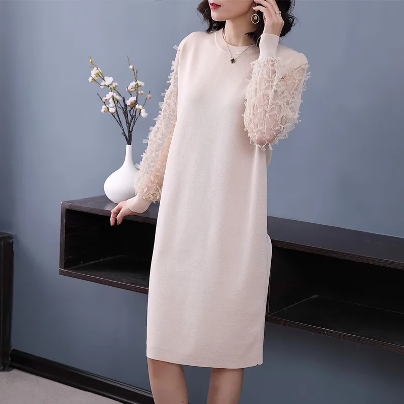 Основной гардероб черное кружевное лоскутное свободное трикотажное платье