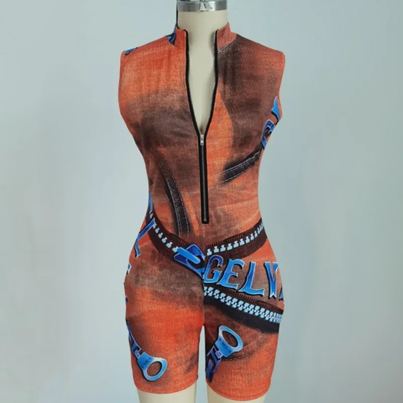 

Summer New Zipper Sleeveless Printed Deep V-Neck Jumpsuit 2021 Fashion Ladies Slim Rompers Sexy Bodycon Bodysuit Women Clothing