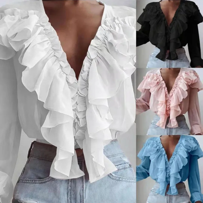 

Women Solid Color Ruffle Blouse Shirt Spring Summer Casual Long Sleeve Women Shirts Elegant Office Lady V-Neck Button Tops