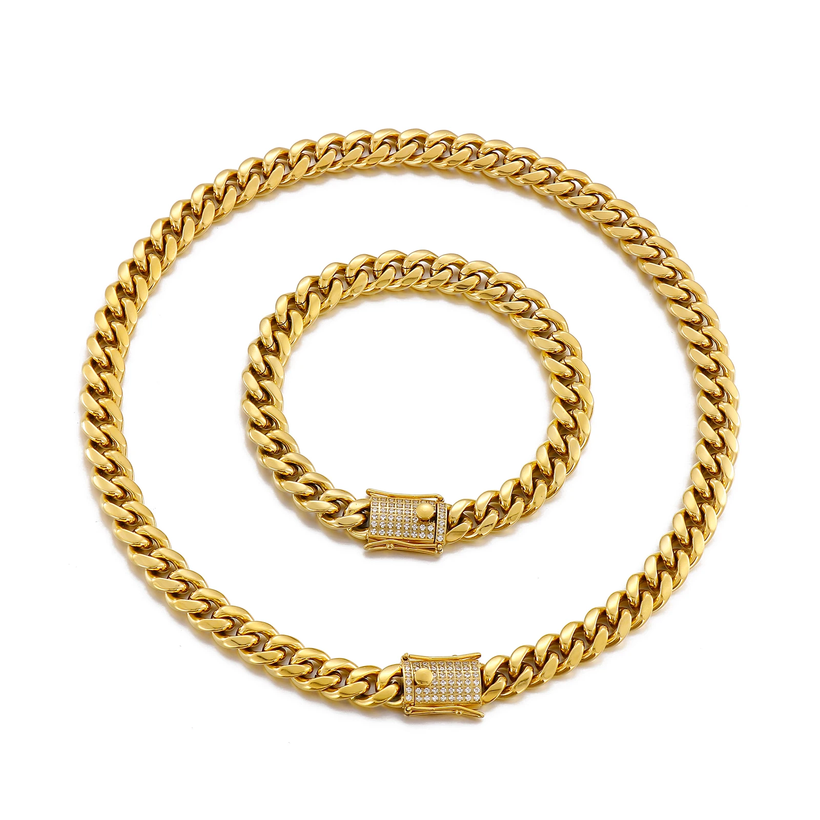10mm Stainless Steel Miami Curb Cuban Chain Necklace Boys Men Gold Color Hip hop Dragon Lock Clasp Link Jewelry 18 K Bracelet
