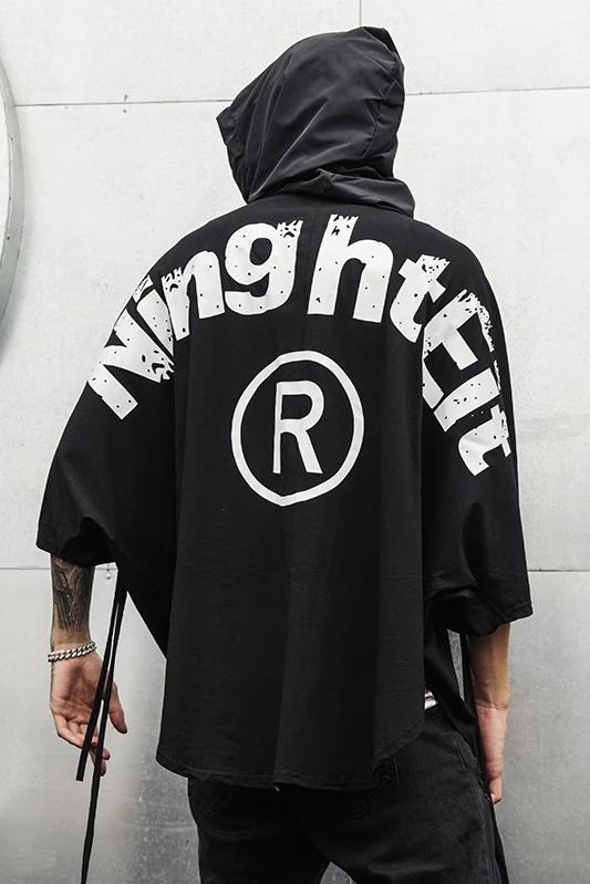

DARK Letter Print Hip Hop Cloak Long Jacket Men Gothic Hooded Poncho Men Casual Streetwear Harajuku Pocket Fashion Coat