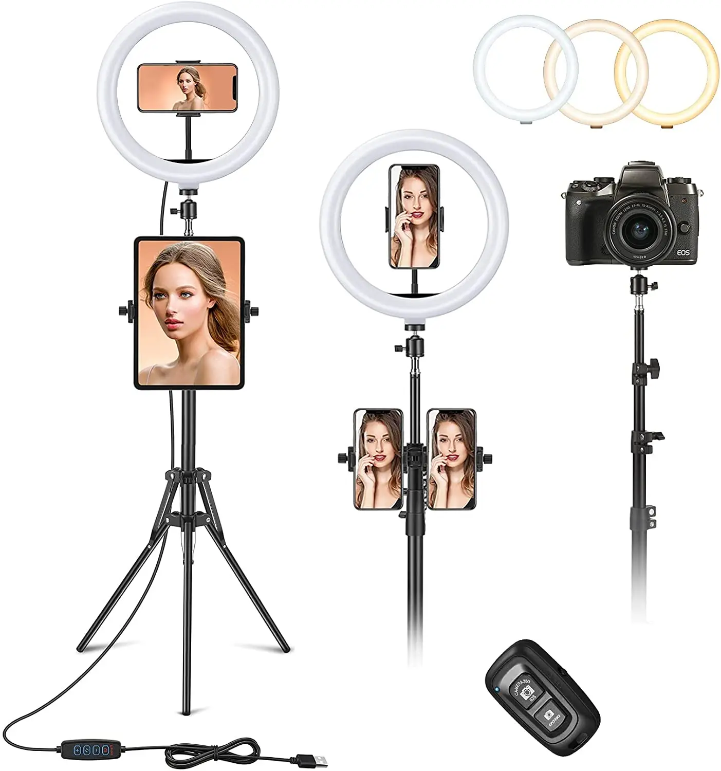 

Кольцевой светильник для селфи Vic Tech CA со штативом и 3 держателями для телефона, кольцевой светодиодный светильник 10 дюймов с 3 цветными режи...