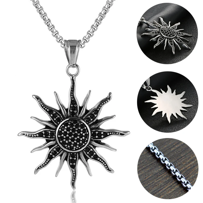 

2020 Hip Hop Punk Black Stone Sun Flower Charms Necklace Stainless Steel Fashion Pendants Accessories for Man Woman Jewelry