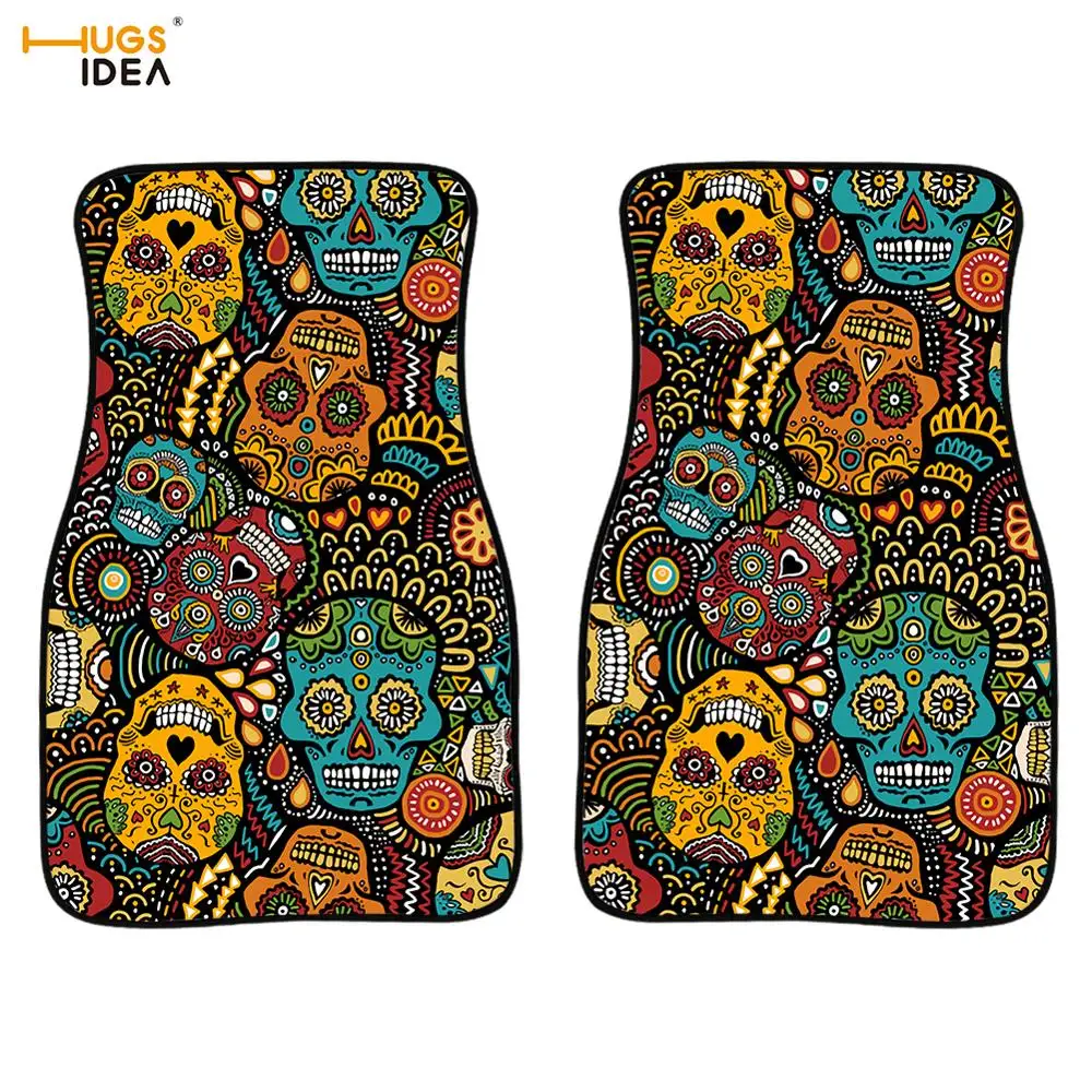 

2Pcs Universal Car Floor Mats Sugar Skull Print Car Styling Carpets Cool Skull Pattern Floor Foot Rugs SUV Non-Slip Dirty Anti