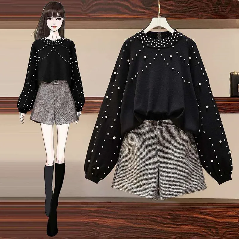 

2021 Autumn Winter Two Piece Shorts Set Women Pearls Beading Loose Knitted Sweater Tops Pullover Pocket Shorts Mini Pant Set