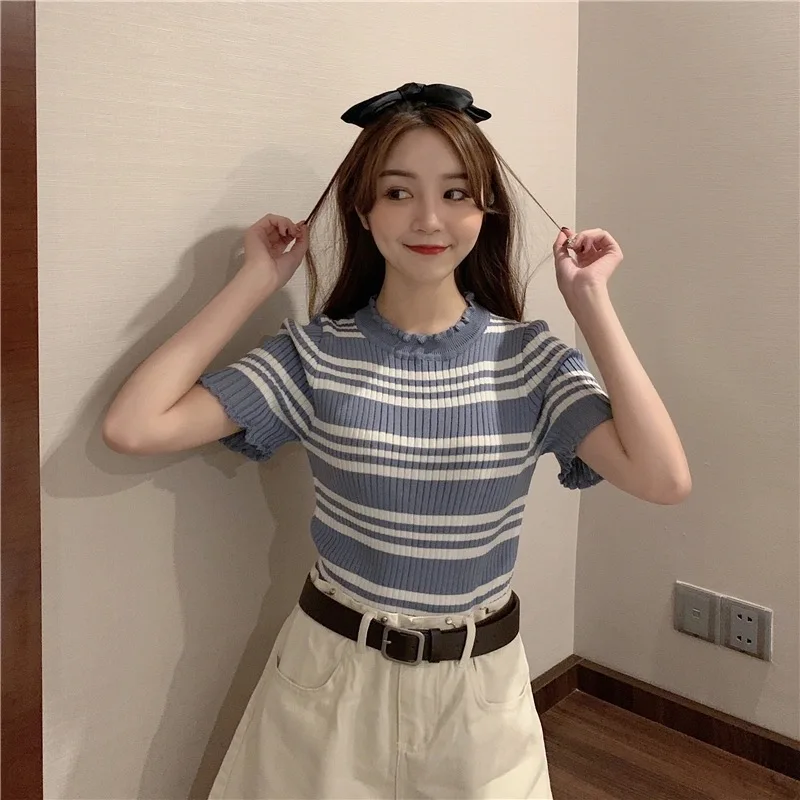

Striped Women T-shirts Short Sleeve Knitted Office Lady Vintage Clothes 2021 Summer Slim Fit Minimalist Roupas Feminina