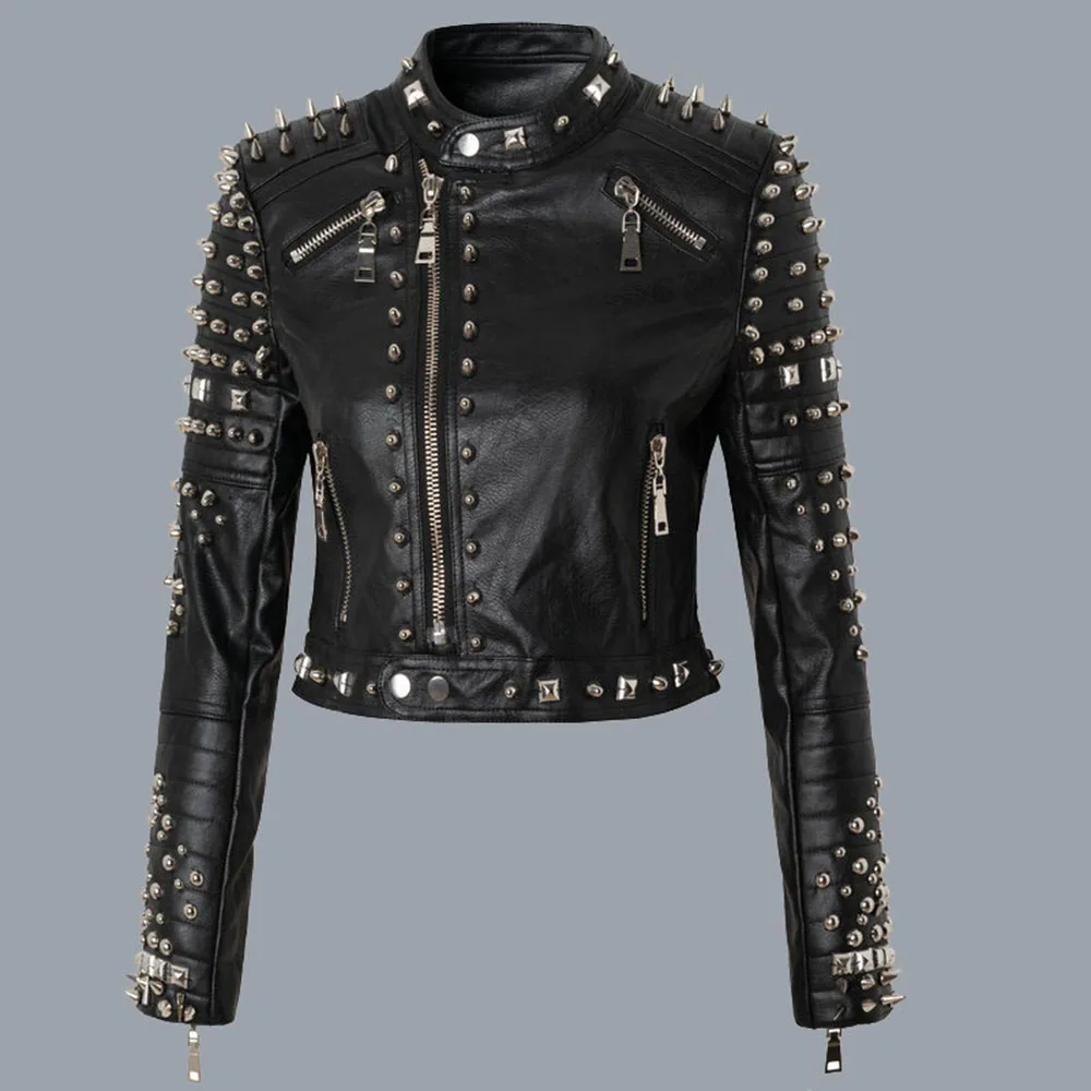 

Rosetic Rivets Women PU Leather Jackets Short Fashion Zipper Punk Coat Gothic Designer Motorcycle Black 2021 Autumn Winter Coats
