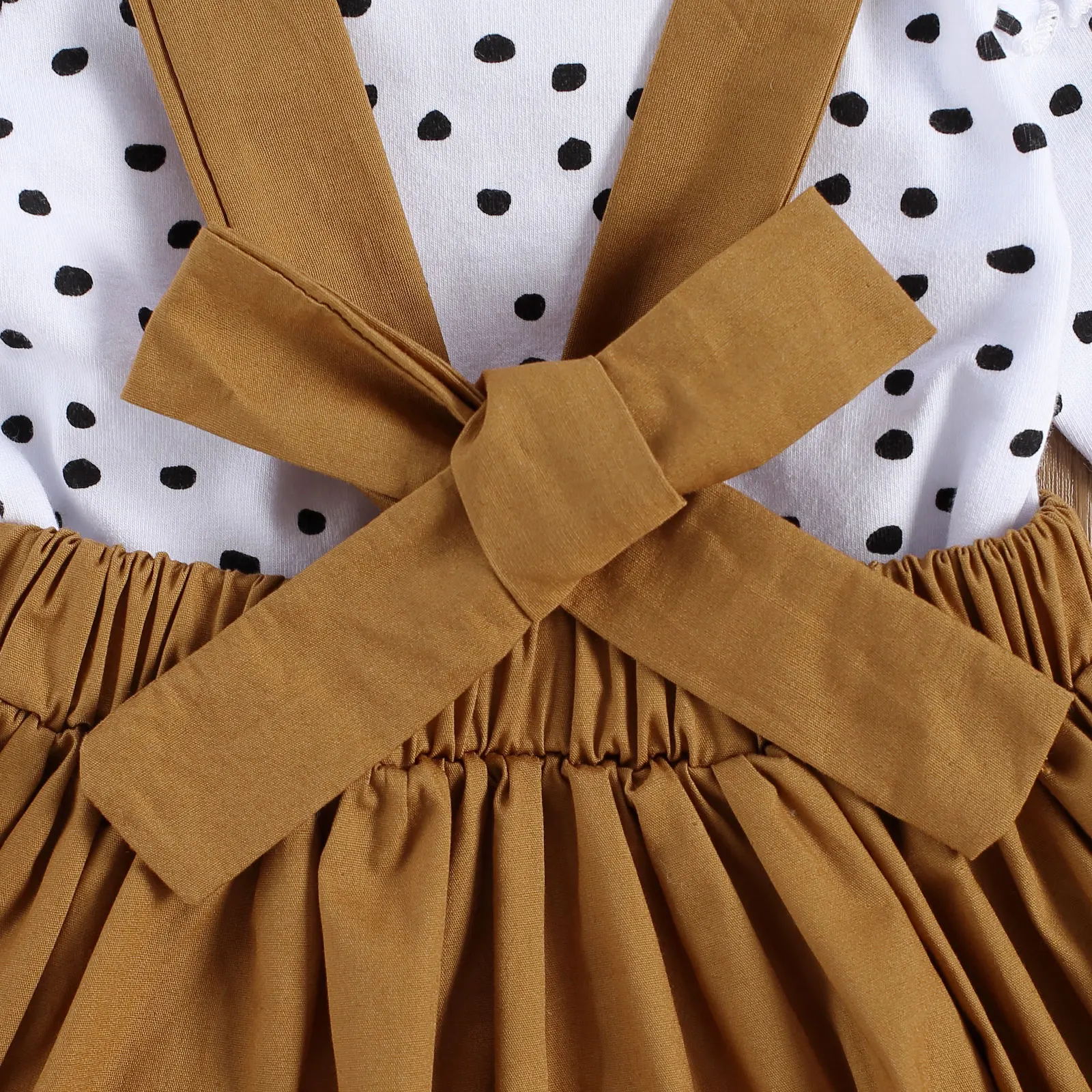 Conjunto de ropa para beb&eacute; ni&ntilde;a, camiseta de manga larga de encaje con estampado de lunares, Top de tirantes de Color s&oacute;lido, Falda corta y Diadema con lazo, 3 uds.-5
