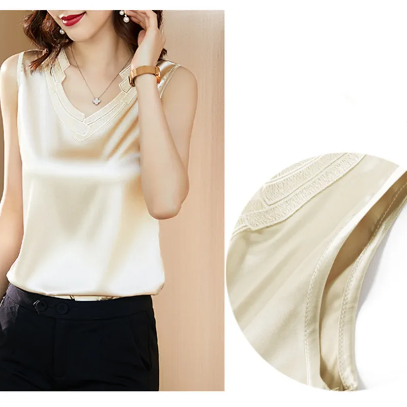 

Korean Silk Women Blouses Tops Woman Satin Lace Blouse Tops Women Satin V-neck Shirts Top Plus Size Woman Elastic Sleeveless Top