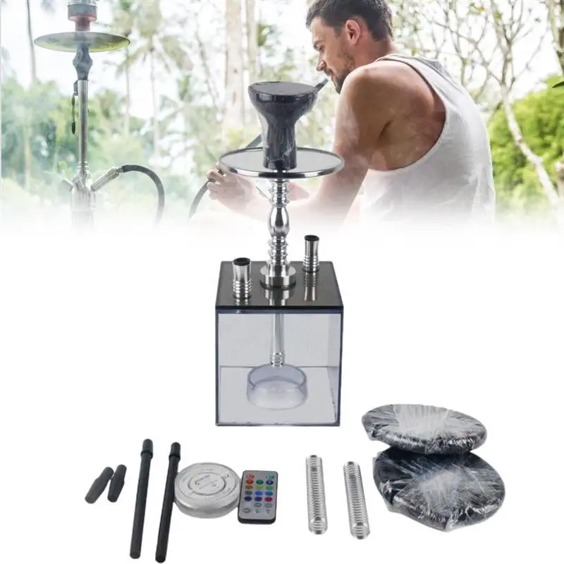 

Acrylic Hookah Kit Set Portable Square Acrylic Double Pipe Hookah with LED Light and Silicone Hookah Bowl Hookah Accessories