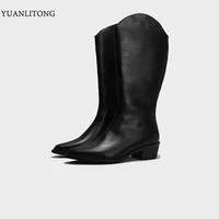 the same high tube womens pointed toe thick heel side zipper sewing boots womens shoes western jeans in
