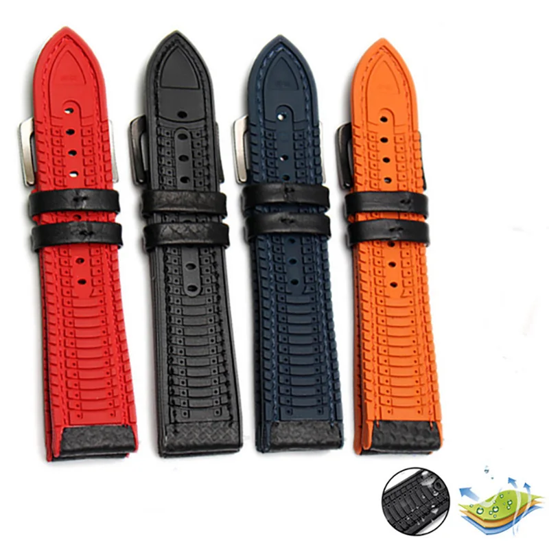BEAFIRY 18mm 20mm 22mm 24mm Orange Stitching Carbon Fiber+silicone Black Genuine Leather red blue orange Watch Band Strap sport