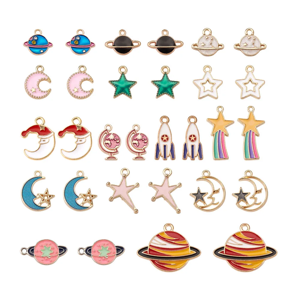 

60pcs Alloy Enamel Charms Space Theme Assorted Mixed Cute Planet Rocket Moon Charms Pendants DIY for Bracelets Earring Jewelry