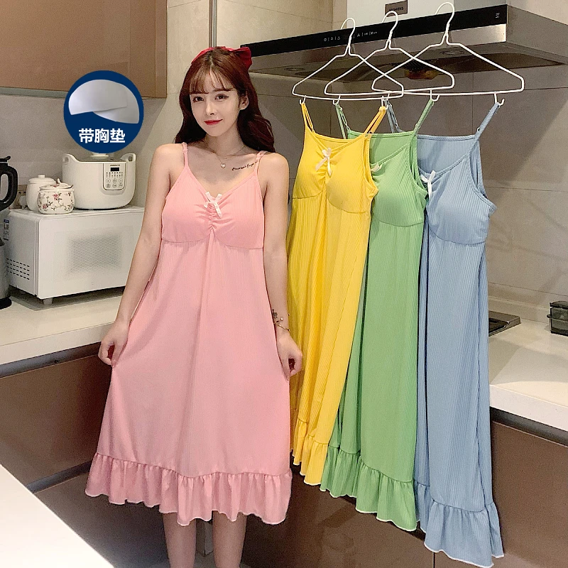 

Yidanna Women Thread Nightgown Polyester Sexy Sling Sleeveless Pajamas With Chest Pad Candy Color Can Be Worn Outside Nightdress