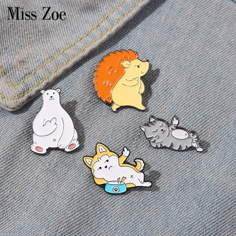 Middle Finger Animal Enamel Pin Funny Dog Cat Hedgehog Polar Bear Brooches Metal Badges Bag Clothes Pins Up Jewelry Gifts