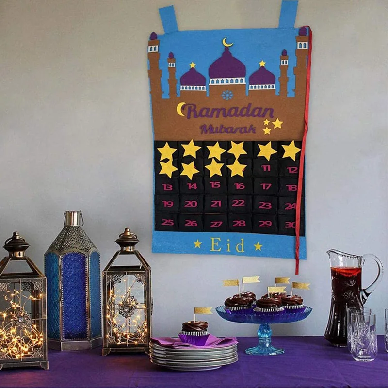 

2021Ramadan Advent Calendar 30Days Mubarak Hanging Felt Countdown Calendar for Kids Eid Gifts Ramadan Decorations Party Supplies