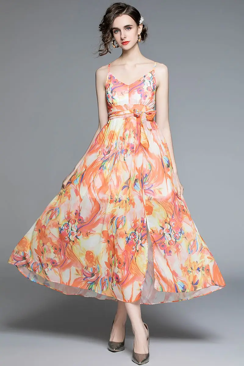 

COIGARSAM Bohemian Print Women Long dressach Style Chiffon Backless Spaghetti Strap Dresses 8148