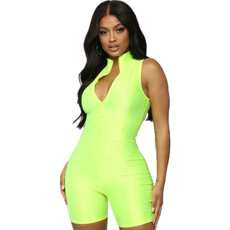

Sexy Women Summer Romper Jumpsuits Shorts Casual Club Slim Fit Tracksuits Sleeveless Deep V Zipper Playsuit Bodycon Clothes set